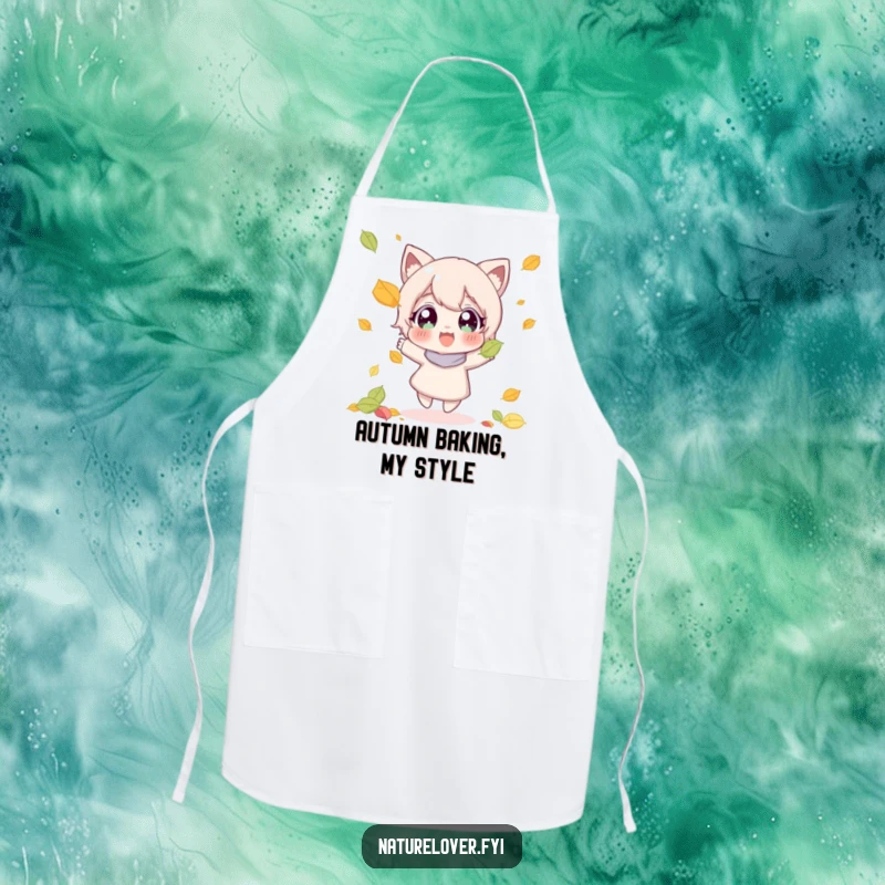 Funny apron featuring a character with wide, happy eyes joyfully catching a falling leaf, ideal for fall kitchens.