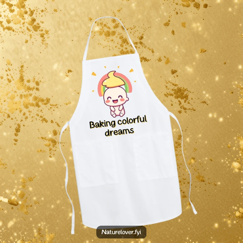 Funny apron with a small character's delighted smile looking up at a vibrant rainbow, ideal for cheerful cooking sessions.