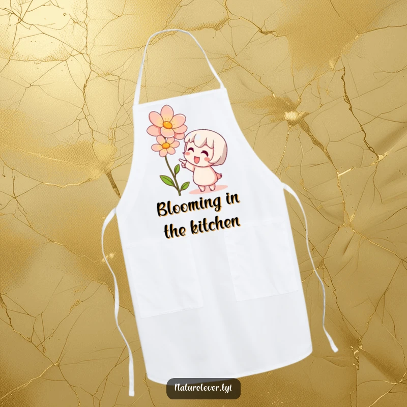 Funny apron depicting a cute character pointing excitedly at a blooming flower, perfect for a whimsical kitchen.