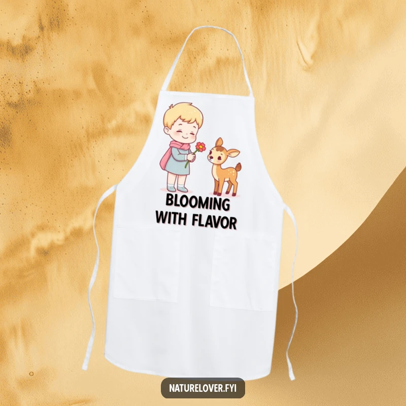 Funny apron depicting a cheerful person offering a flower to a small deer, ideal for kitchen fun and humorous cooking.