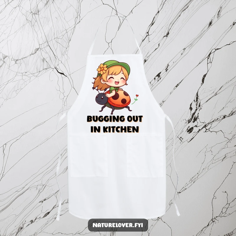 Funny apron showing a nature lover character giggling while riding on a friendly ladybug, ideal for kitchen or garden.
