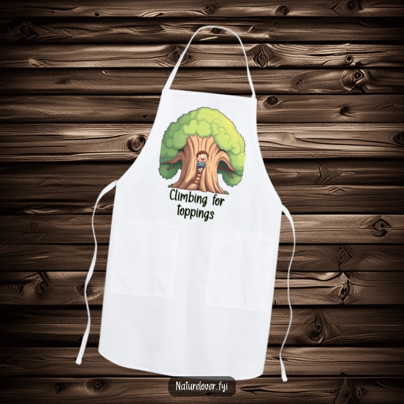 Funny smiling figure climbing a giant, gentle tree, illustrated on a practical apron for chefs.