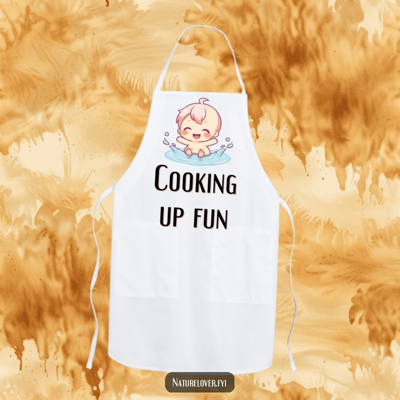 Funny apron showing a character gleefully splashing in a tiny puddle, perfect for kitchen fun and happy cooking.