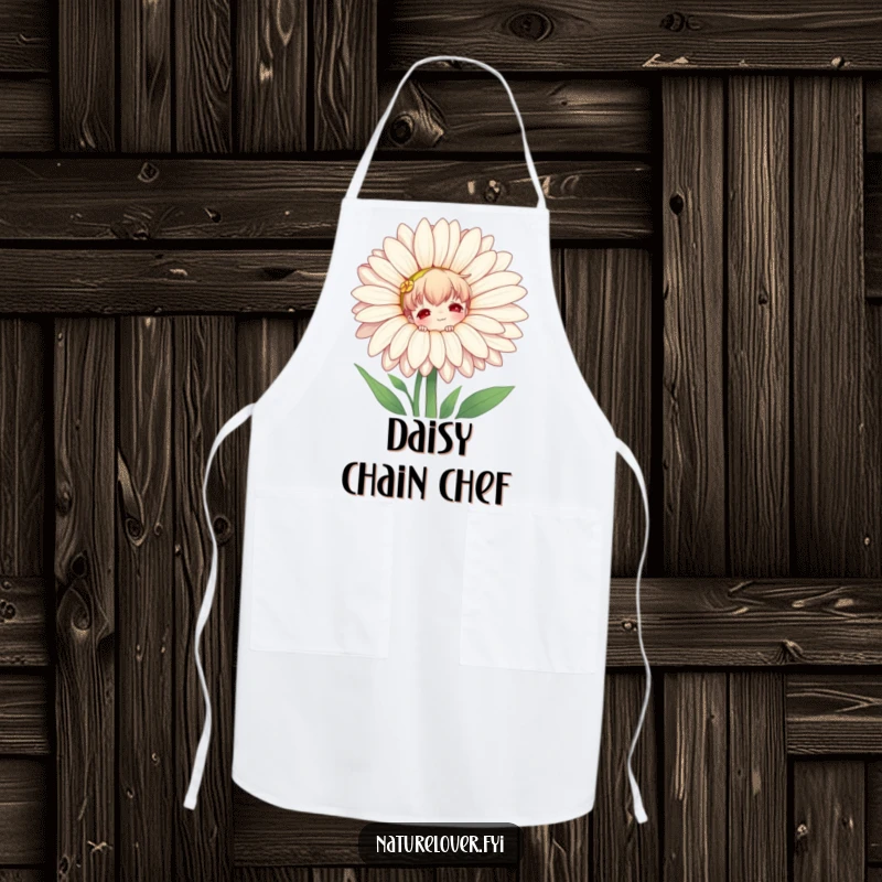Funny apron showing a nature lover character playfully peeking from behind a huge daisy, perfect for gardeners and flower enthusiasts.
