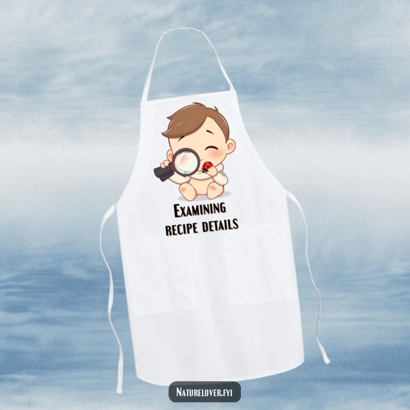 Funny apron featuring a character using a magnifying glass to curiously examine a tiny ladybug, ideal for nature kitchens.