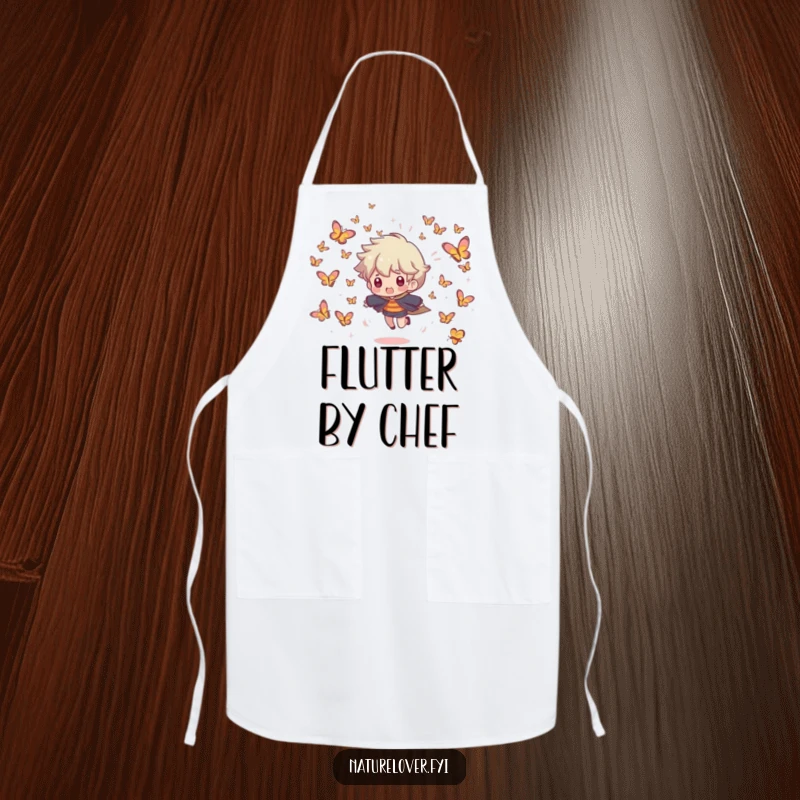 Funny apron featuring a character being playfully chased by a swarm of tiny, smiling butterflies, perfect for a whimsical chef.