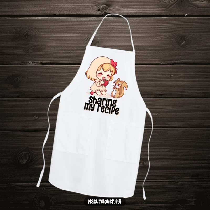Funny apron of a character happily sharing a berry with a curious squirrel, suitable for bakers who love to share.