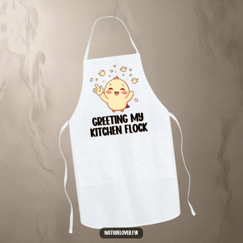 Funny Apron: A happy character enthusiastically waves hello to a flock of tiny birds while you cook.