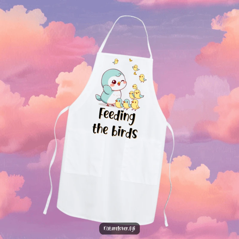 Funny Apron: Small character with a playful wink waves at tiny, cheerful birds, perfect for friendly cooking.