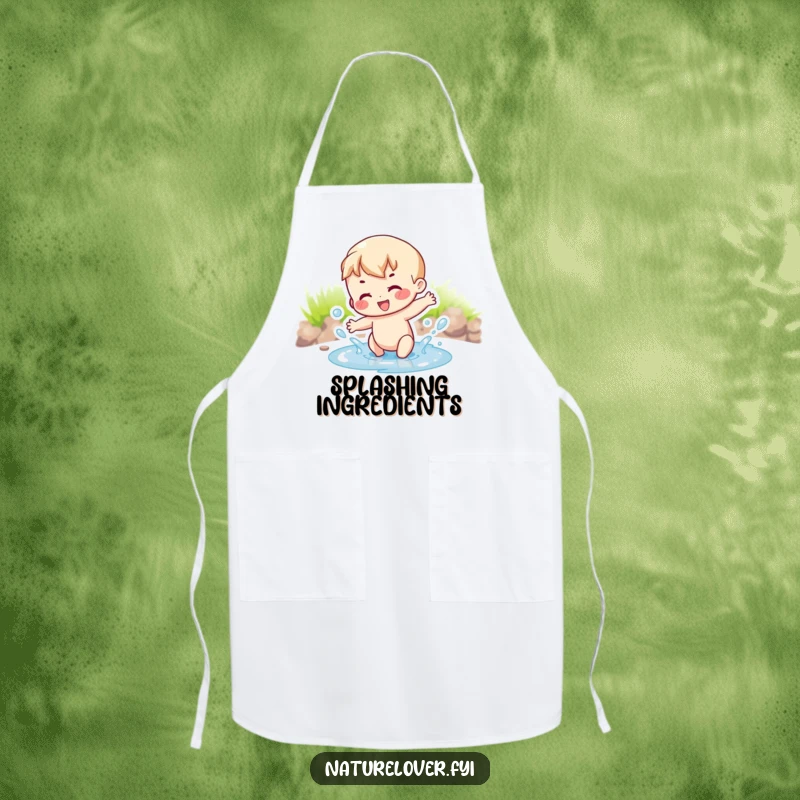 Funny joyful character gleefully splashing water in a small puddle, illustrated on a practical apron.
