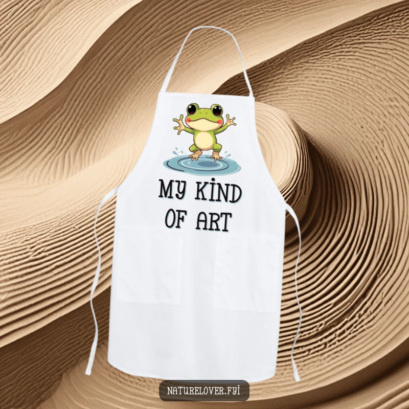 Funny apron showing a frog in small galoshes, enthusiastically jumping in a big puddle of ink.