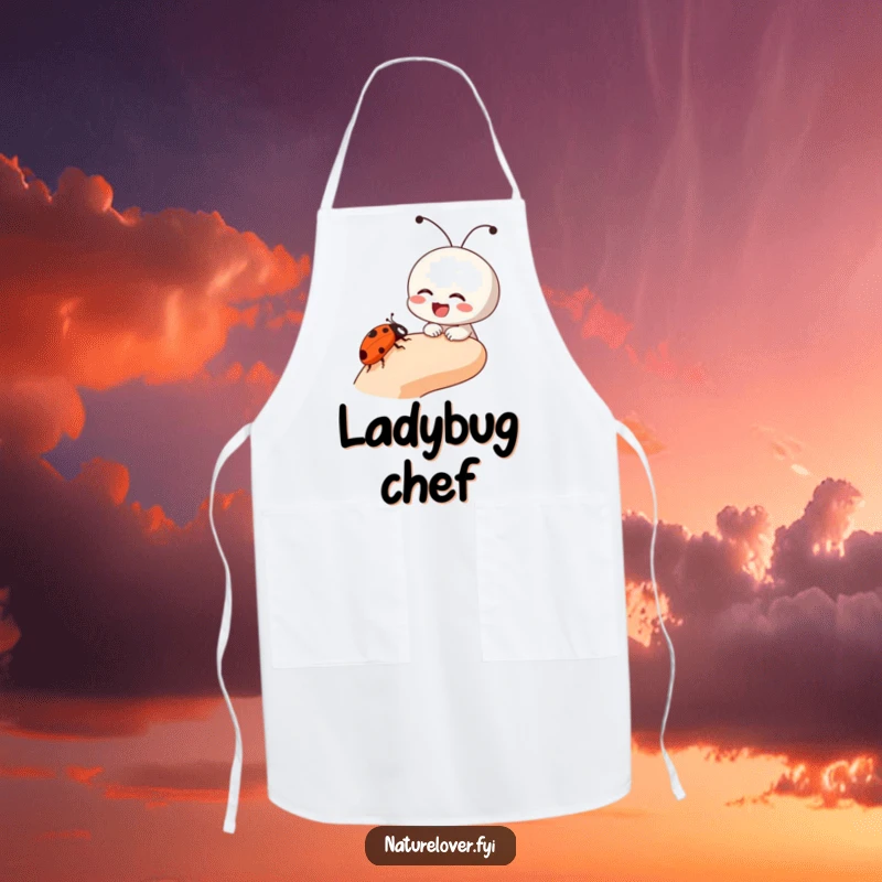 Funny apron featuring a small character laughing as a ladybug crawls on its finger, perfect for humorous kitchen activities.