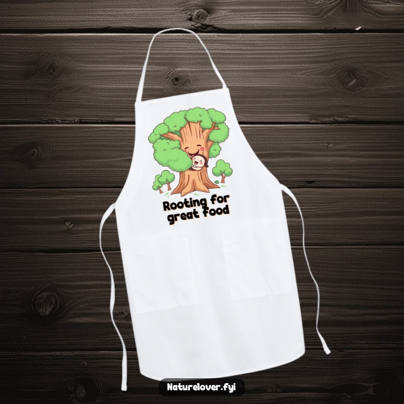 Funny Hugging Tree Apron, kitchen or garden wear with a cute character joyfully hugging a large, smiling tree, for outdoor tasks.
