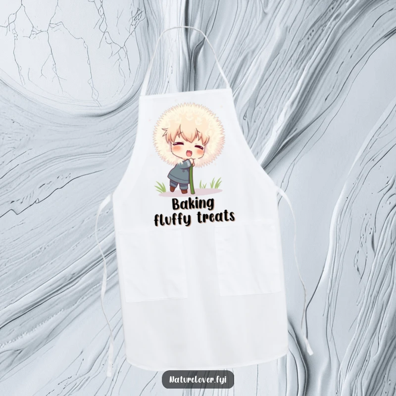 Funny apron featuring a character attempting to hug a comically large, fluffy dandelion, ideal for whimsical kitchens.