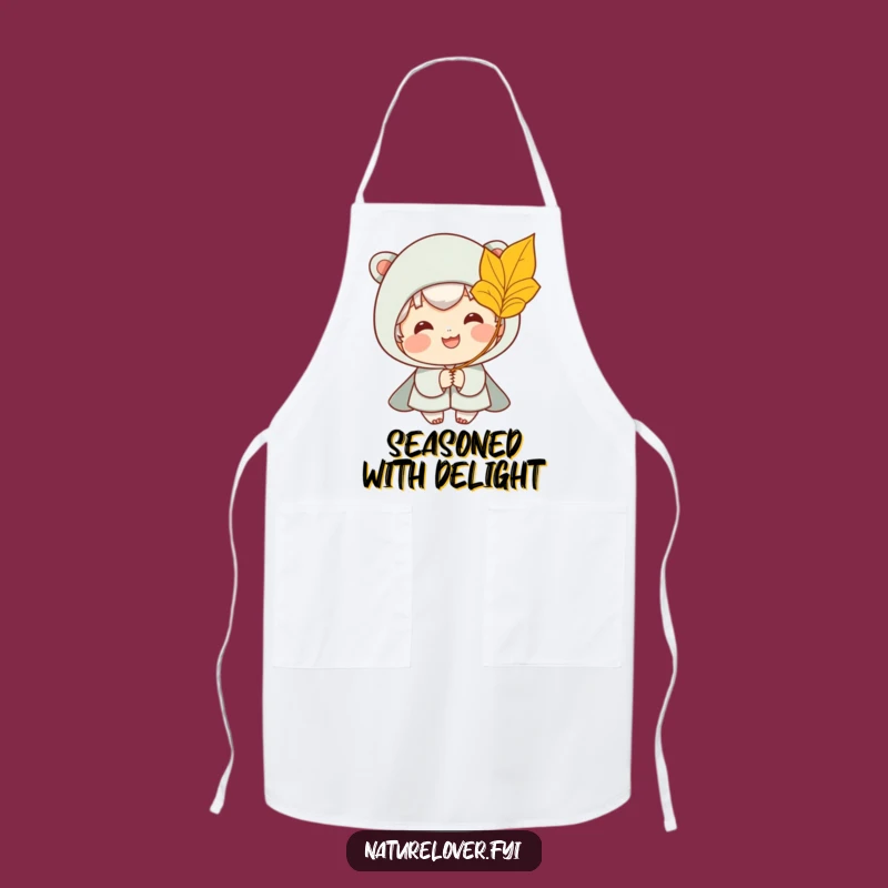 Funny Kitchen Apron: Smiling Character Catches Golden Leaf in Breeze