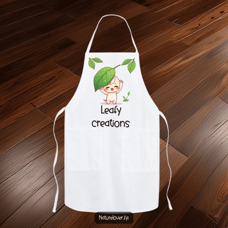 Funny Apron showing a playful character balancing a large leaf on its head, ideal for a fun cook.