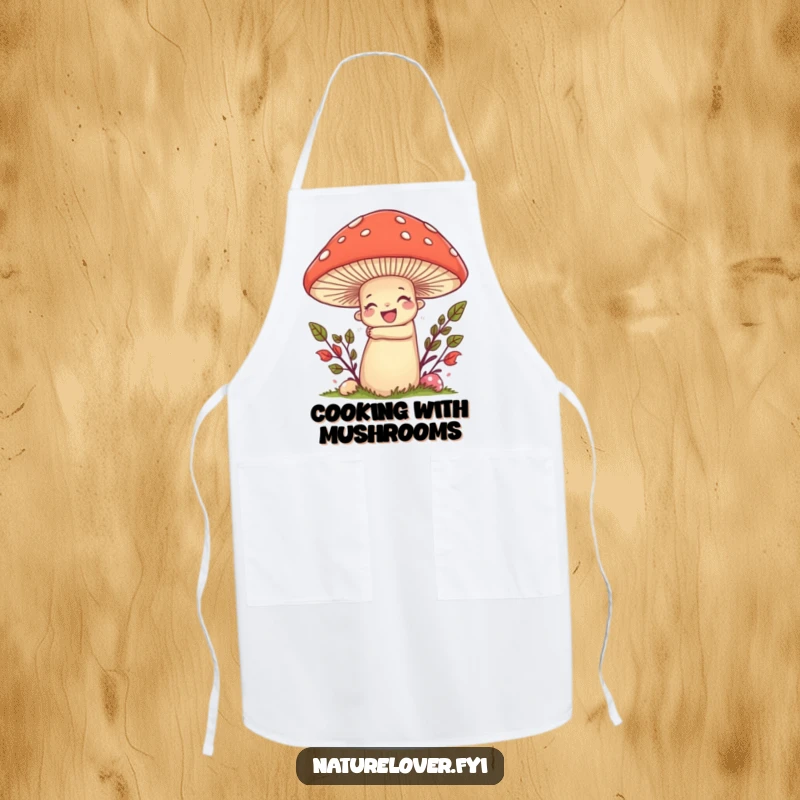 Funny apron showing a nature lover character enthusiastically hugging a giant, smiling mushroom, ideal for kitchen or garden.