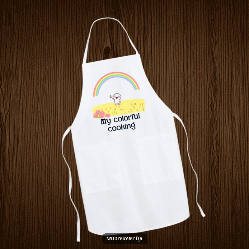 Funny apron featuring a cheerful character excitedly pointing at a rainbow arching over a field, perfect for adding optimistic humor to kitchen wear.