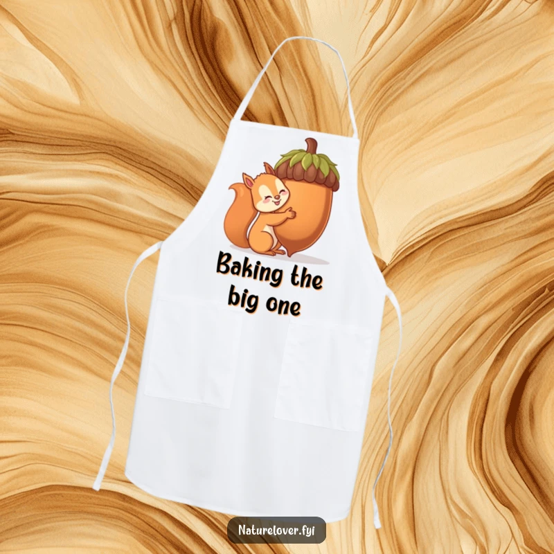 Funny squirrel apron showing a cheerful squirrel attempting to hug a massive acorn, ideal for cooks who enjoy humor.