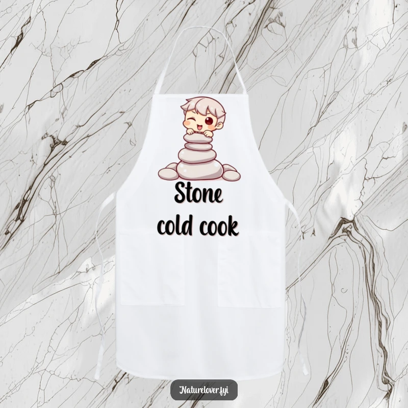 Funny apron featuring a character winking while balancing a pile of smooth stones, perfect for a focused cook.