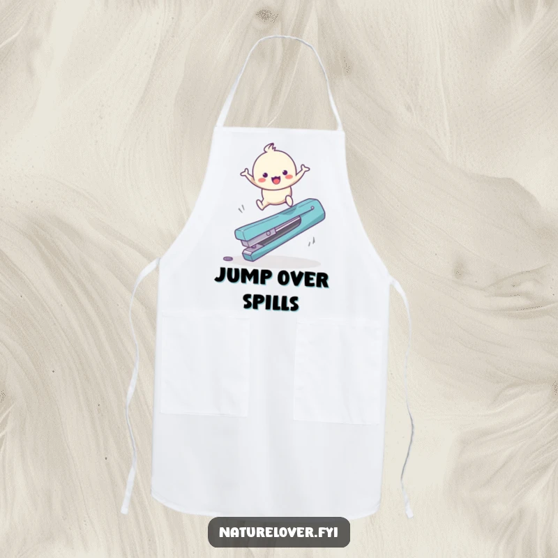 Funny Apron: Cute character happily bounces over a giant fallen twig, perfect for playful cooking.