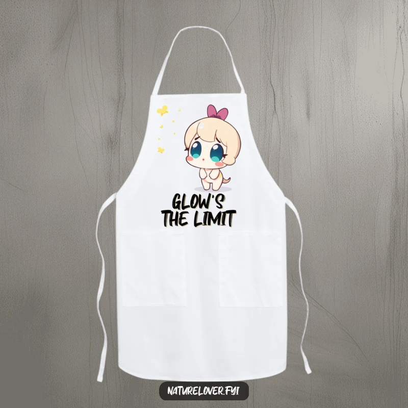 Funny apron featuring a cute character with amazed eyes watching fireflies appear, perfect for humorous kitchen activities.