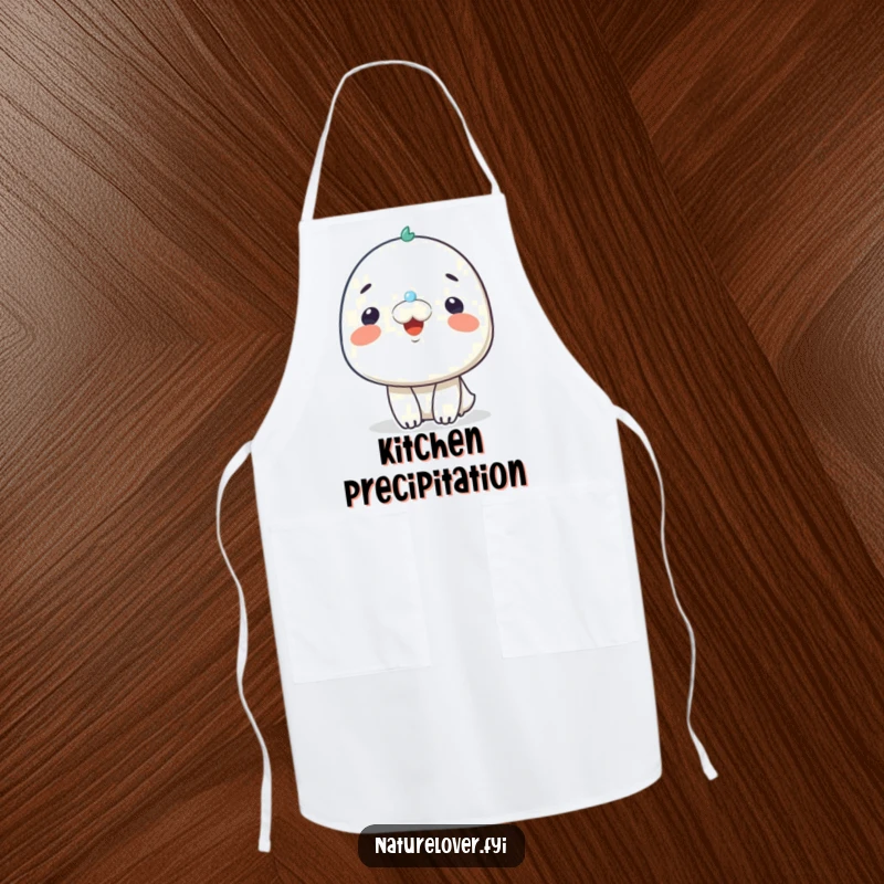 Funny apron showing a character smiling happily as a tiny raindrop lands on its nose, perfect for happy cooking.