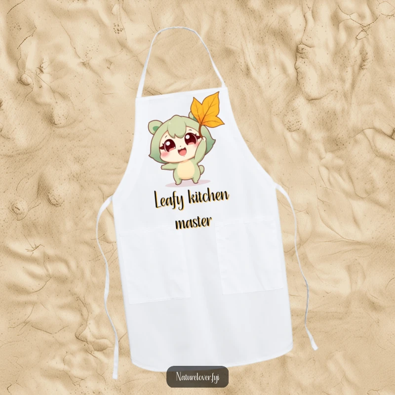 Funny apron illustrating a cheerful nature lover character joyfully reaching for a falling leaf, ideal for cooking and gardening enthusiasts.
