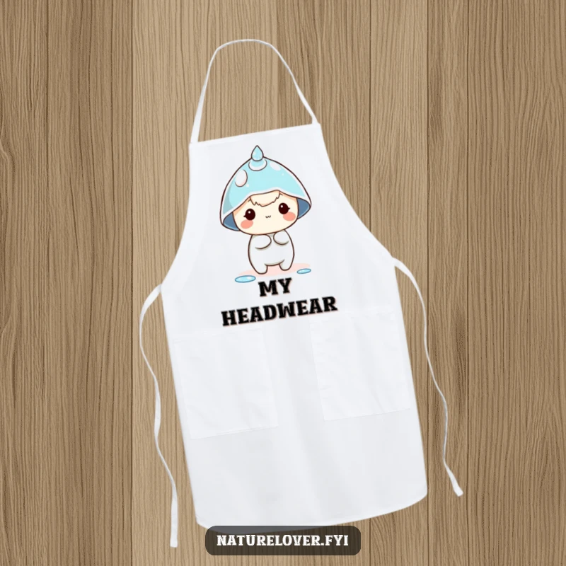 Funny dewdrop hat apron showing a tiny character comically attempting to wear a dewdrop as a hat, ideal for a humorous cook.