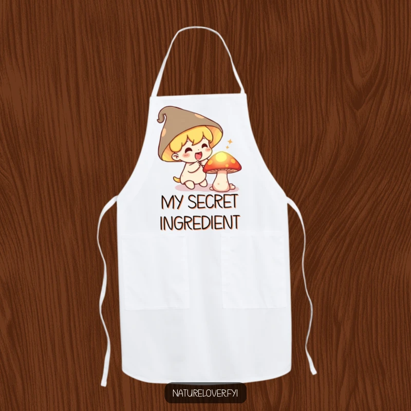 Funny Apron: Small character gasping with delight finds a secret, glowing mushroom, perfect for magical cooking.