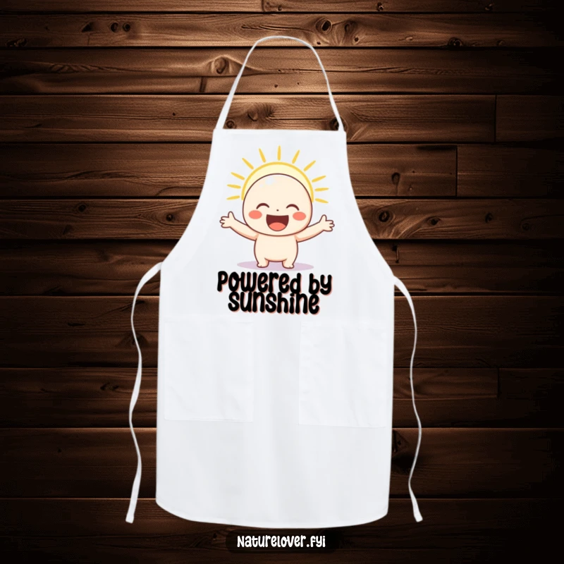 Funny apron with a happy character arms open wide, basking in a sun ray while cooking, perfect for a joyful kitchen.