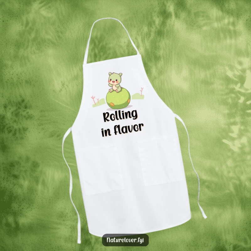 Funny Moss Ball Rider Apron: A creature riding a moss ball, perfect for a clean and serene cooking experience.