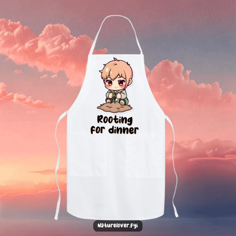 Funny apron: cute character planting a seed with focus. Great for garden parties or cooking.