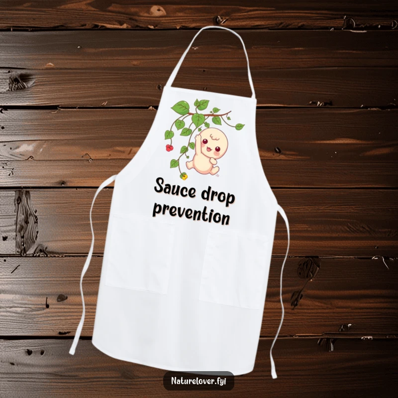 Funny apron showing a kawaii character playfully dangling from a vine, a humorous kitchen companion.