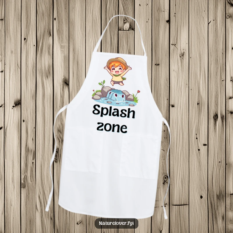 Funny Stream Crossing Apron: A nature lover character leaps over a stream, a humorous and functional kitchen accessory.