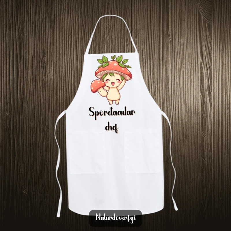 Funny apron showing a cute character with leaves in hair triumphantly holding a large mushroom, perfect for a funny baker or cook.
