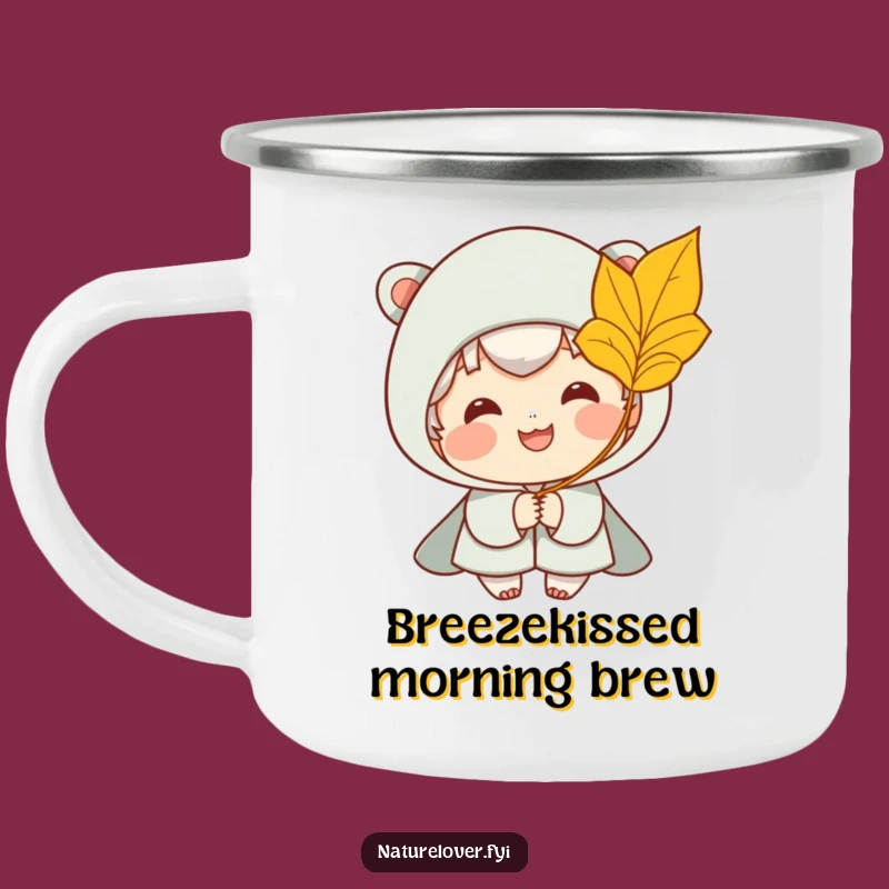 Funny Camp Mug: Smiling Character Enjoys Golden Leaf Breeze Outdoors