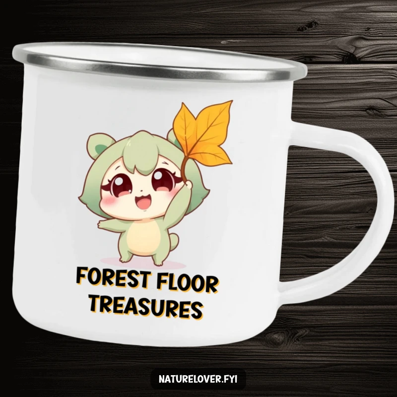 Funny camping mug with a wide-eyed nature lover character joyfully trying to catch a falling leaf, evoking outdoor fun and campfire stories.