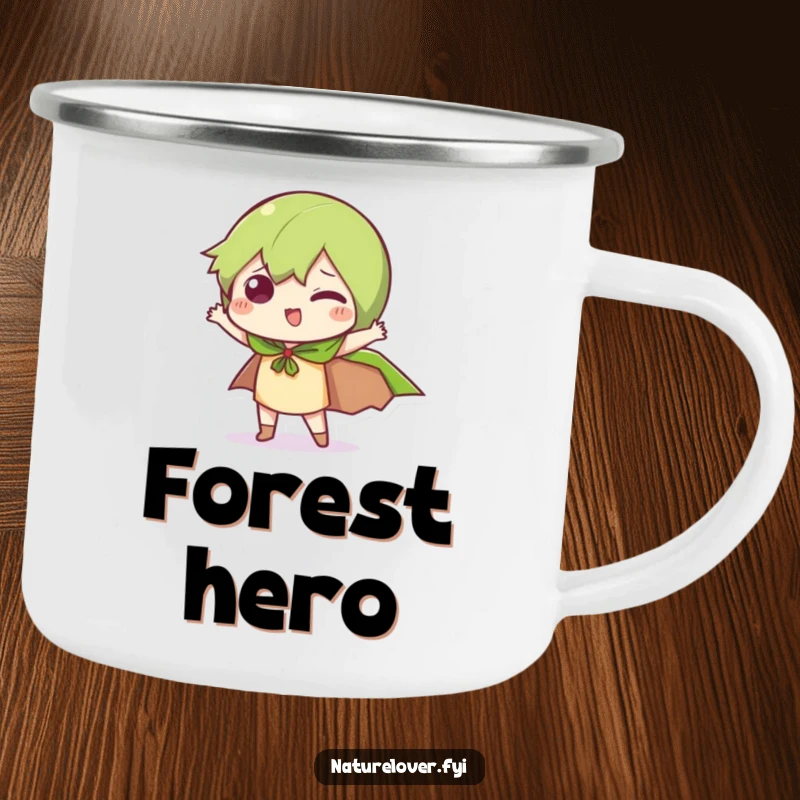 Funny Camp Hero Camping Mug: A little character strikes a funny pose with a leaf cape, ideal for outdoor humor.