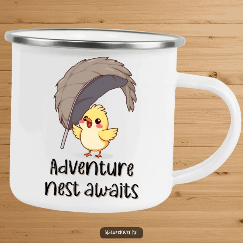 Funny bird camping mug showing a gleeful bird attempting to build a nest from a massive feather, for humorous outdoor trips.