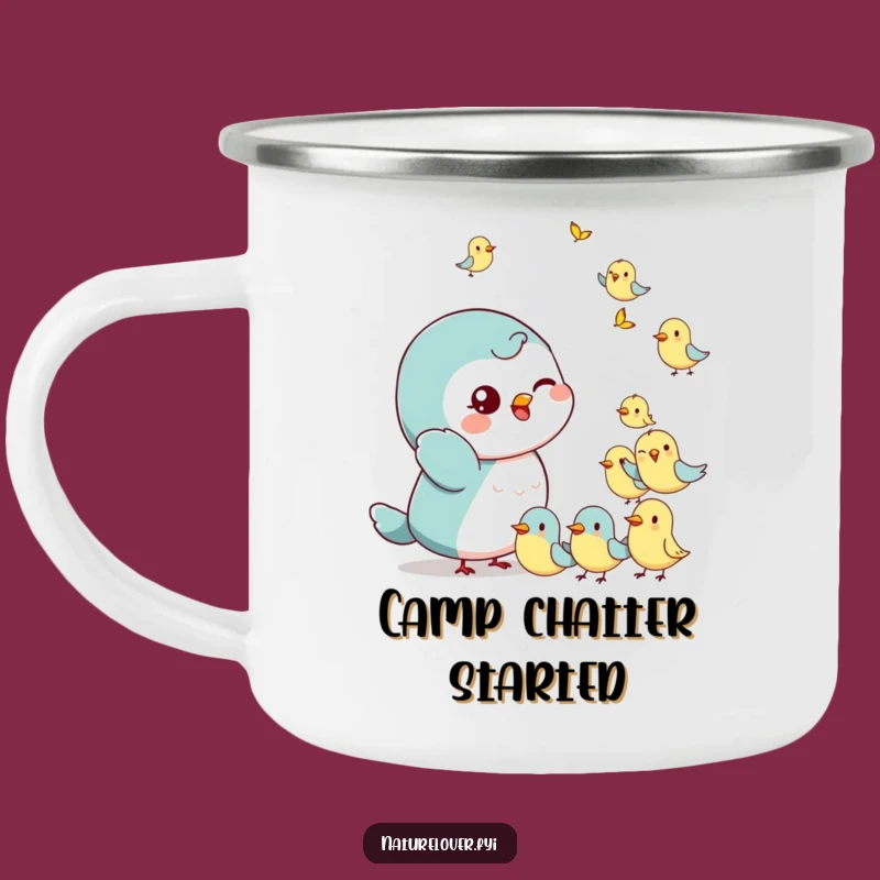 Funny Bird Wisher Camping Mug: Playful Character's Cheerful Flock Surprise Drinkware