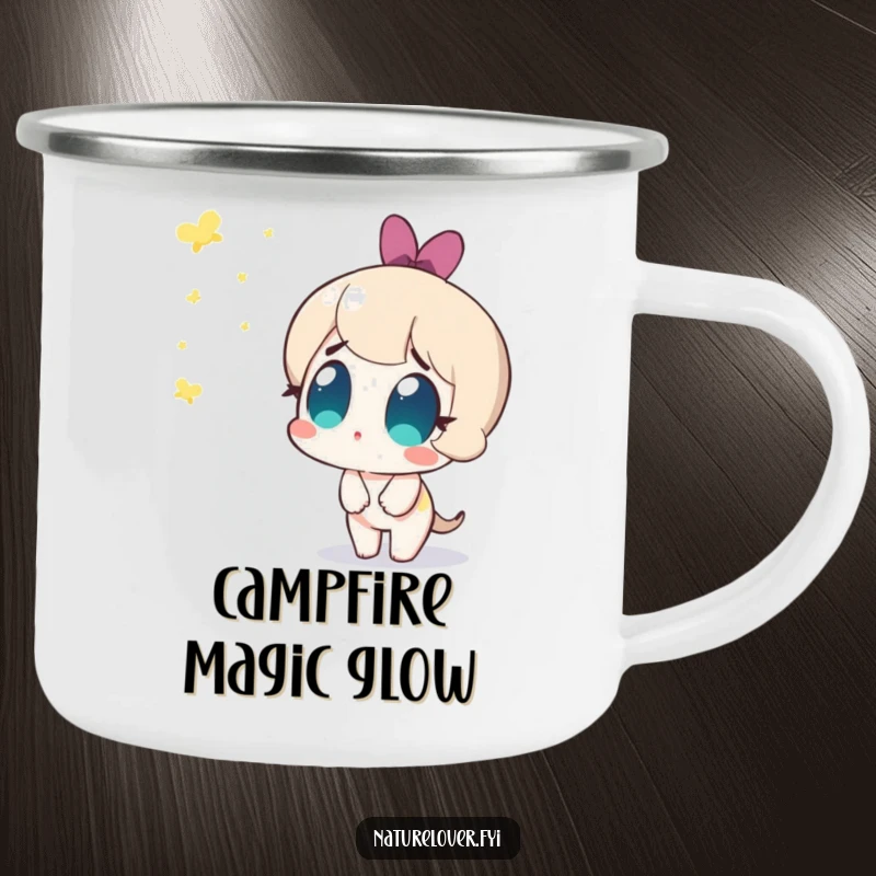 Funny camping mug with a cute character amazed by appearing fireflies, ideal for humorous outdoor enjoyment and campfire stories.