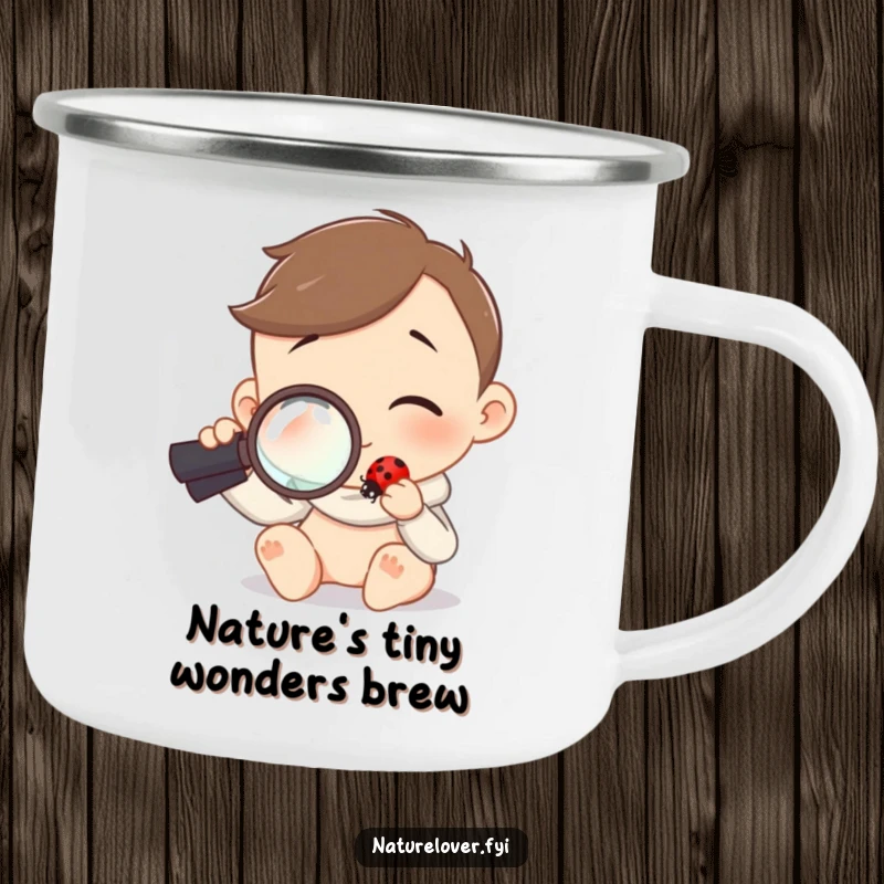 Funny camping mug showing a character using a magnifying glass to curiously examine a tiny ladybug, perfect for nature lovers.