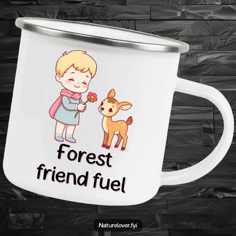 Funny camping mug with a cheerful person offering a flower to a small deer, designed for humorous outdoor enjoyment.