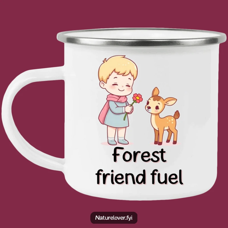 Funny Camping Mug: Cheerful Figure Offers Flower to Tiny Deer Outdoors