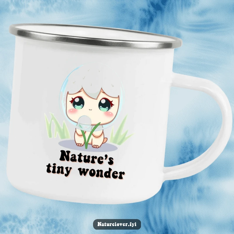 Funny Camping Mug: A cute character with wide, curious eyes observes a huge, shimmering dewdrop, perfect for outdoor adventures.