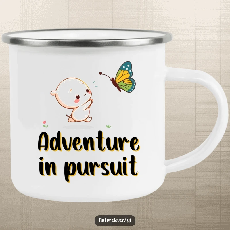 Funny kawaii character on a whimsical chase after a massive butterfly, perfect for outdoor adventures on this camping mug.