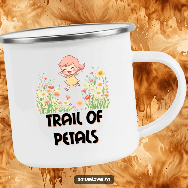 Funny Camping Mug: Happy character skipping through wildflowers, designed for durability and cheerful outdoor enjoyment.