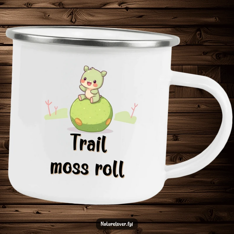 Funny Moss Ball Rider Camping Mug: A durable mug with a creature riding a moss ball, ideal for outdoor tranquility.