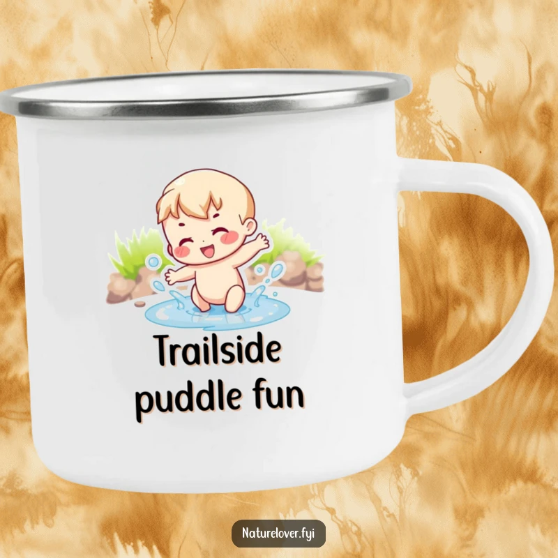Funny joyful character splashing with abandon in a small puddle, perfect for outdoor fun on this camping mug.